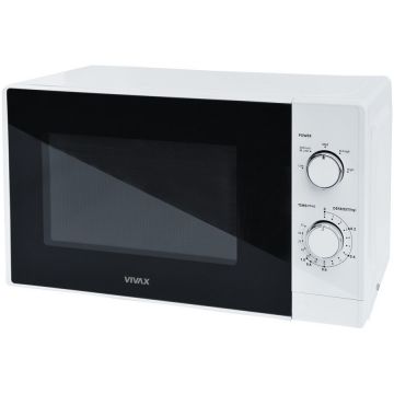 VIVAX Cuptor cu microunde VIVAX MWO-2071W, Capacitate 20L, Putere 700W, Control mecanic, 5 niveluri de putere, Timer, Functie dezghetare dupa greutate, Geam sticla, Alb